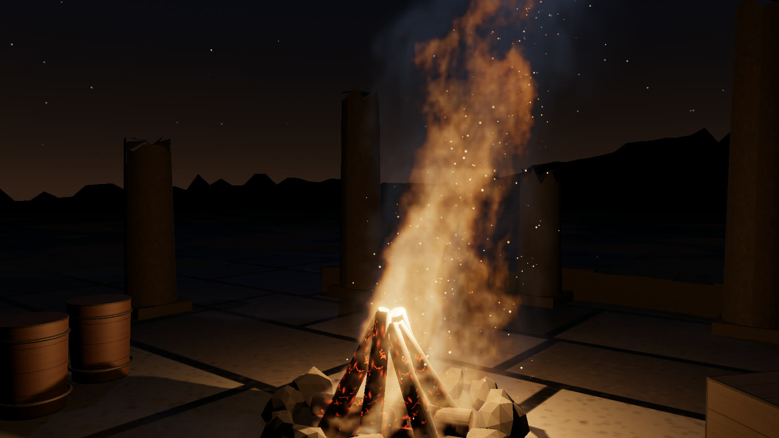 The `campfire` preset up close in the demo: the logs are the emitter, and the fire light lights the stones and the floor around them.