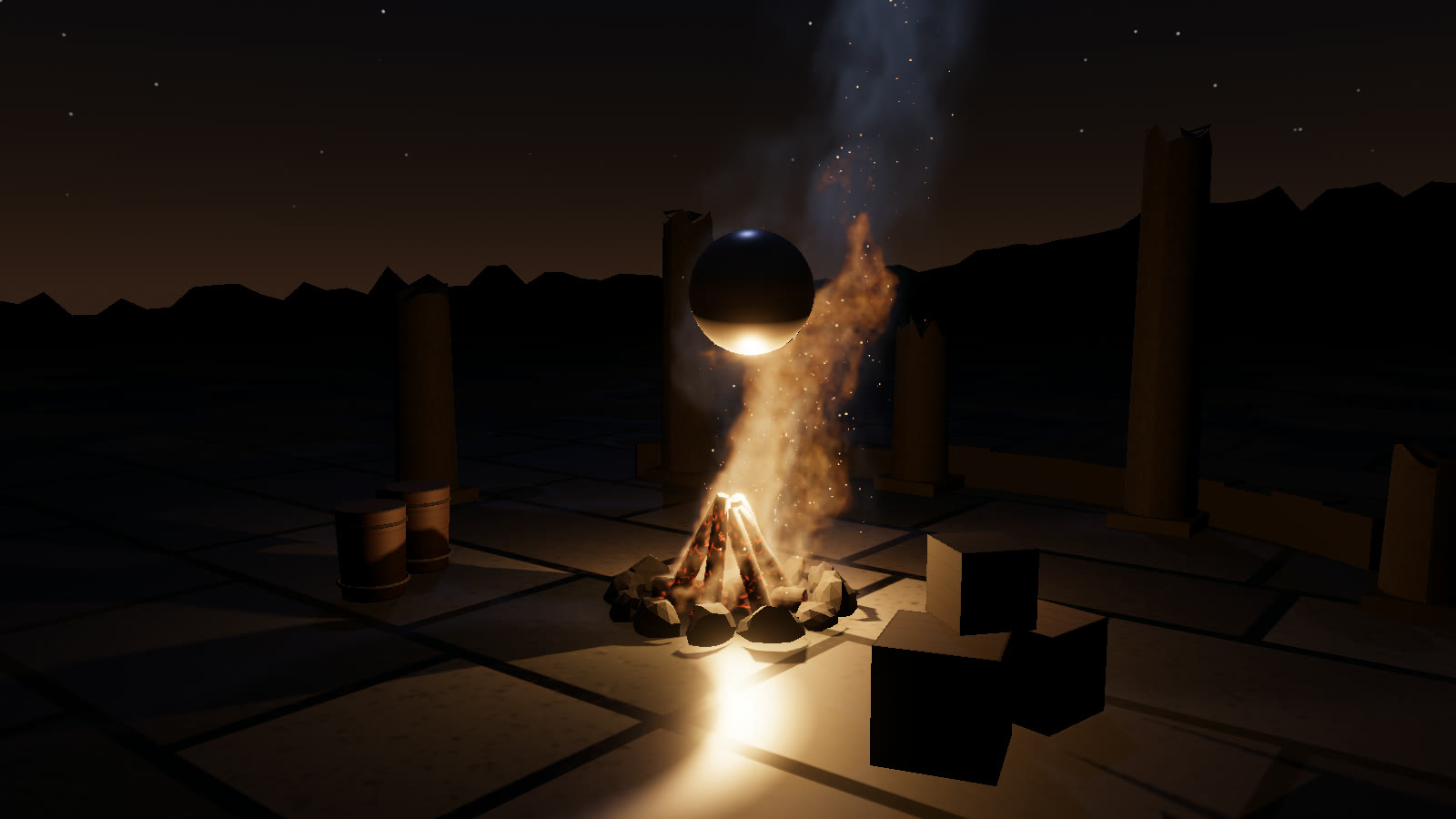 The demo's obstacle sphere (the O key) above the campfire. The flame and smoke split around it.