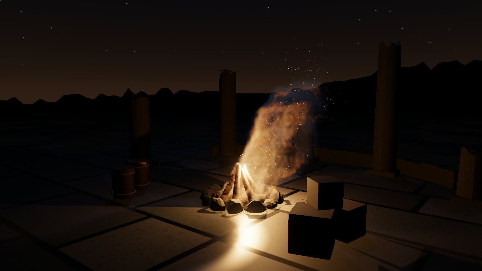 `campfire` after `fire.setWind(2.4)`: the flame and smoke lean downwind.